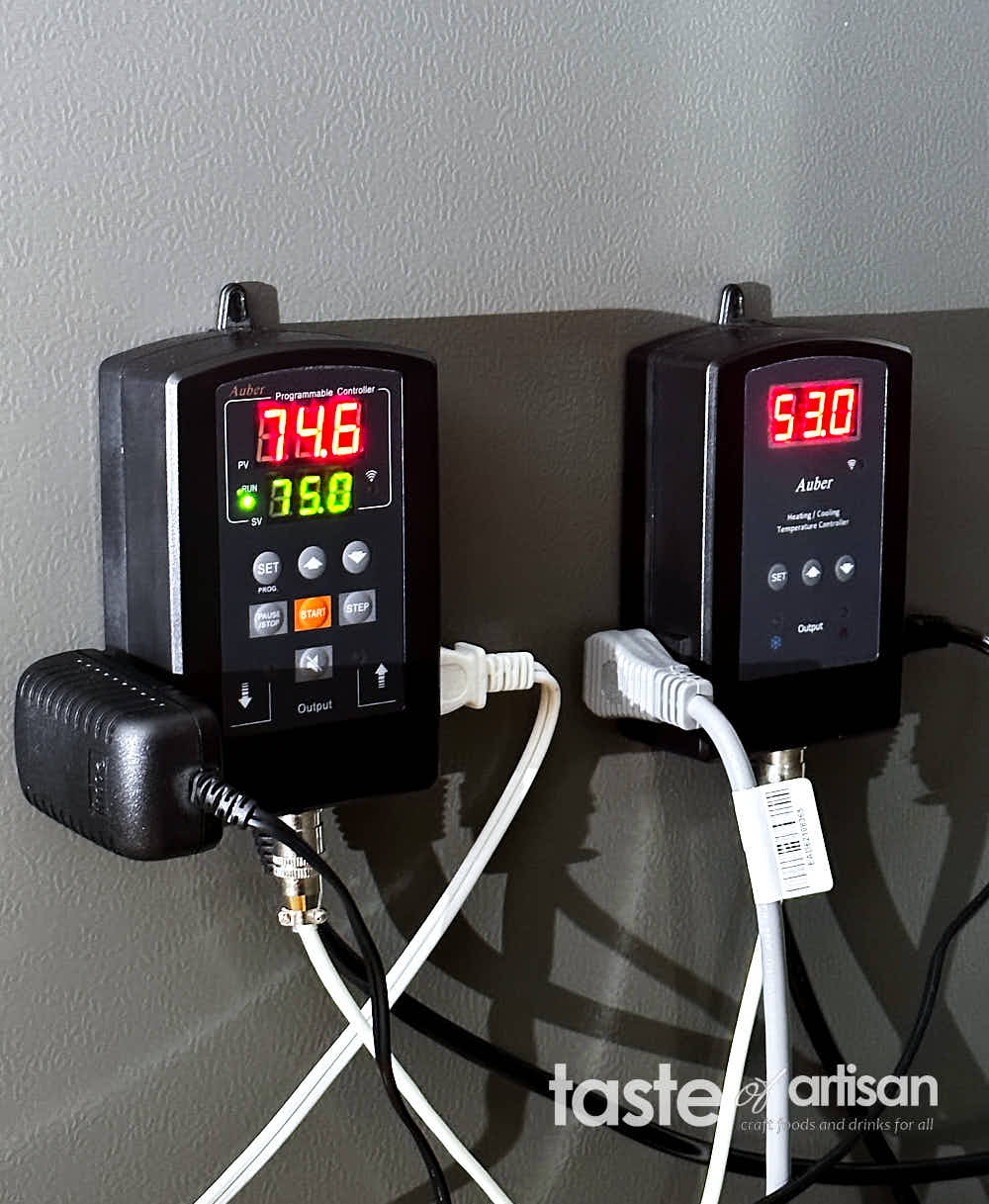 Auber Instruments humidity and temperature controllers for the advanced meat curing chamber.