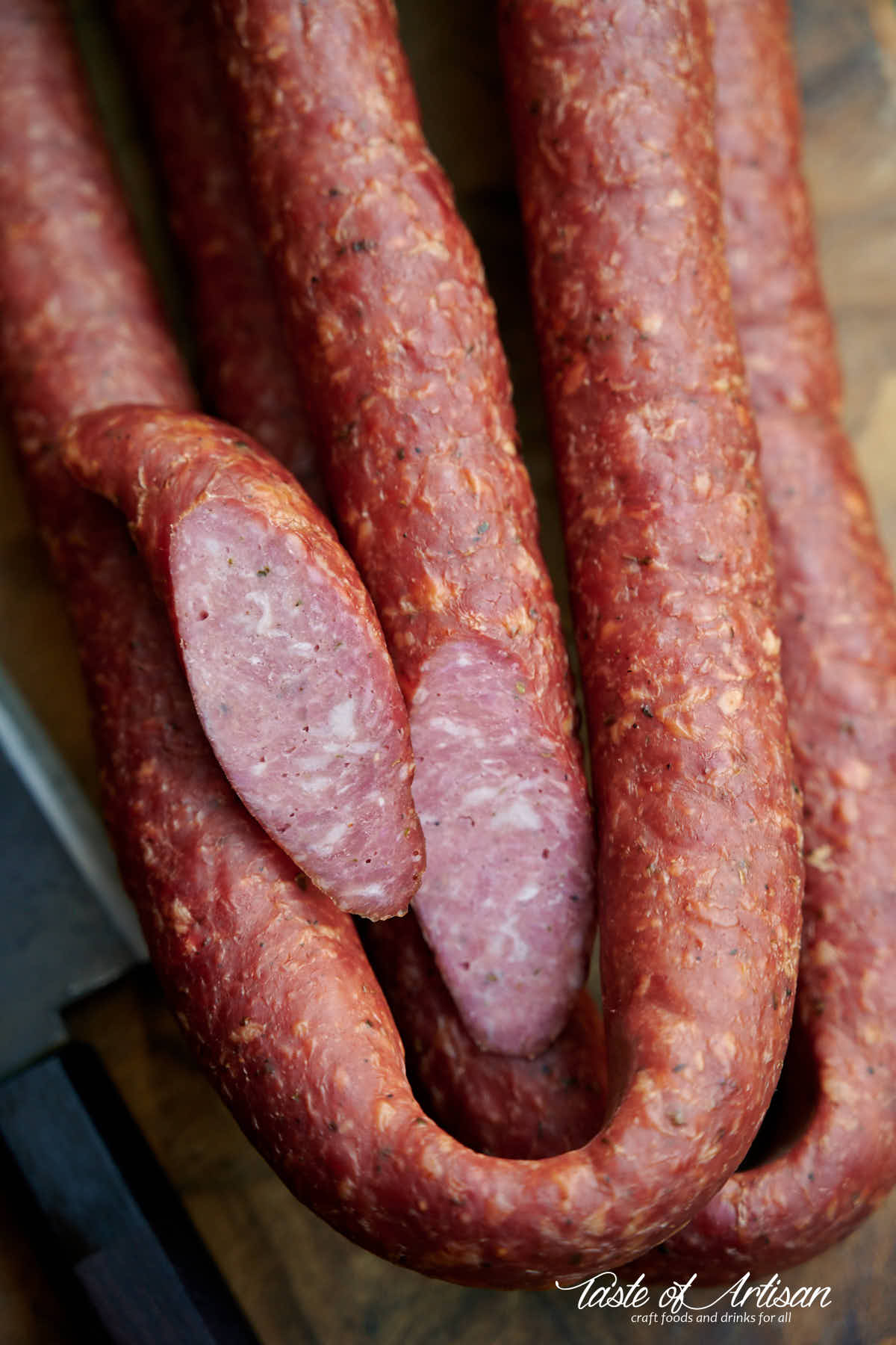 Sliced smoked kielbasa.