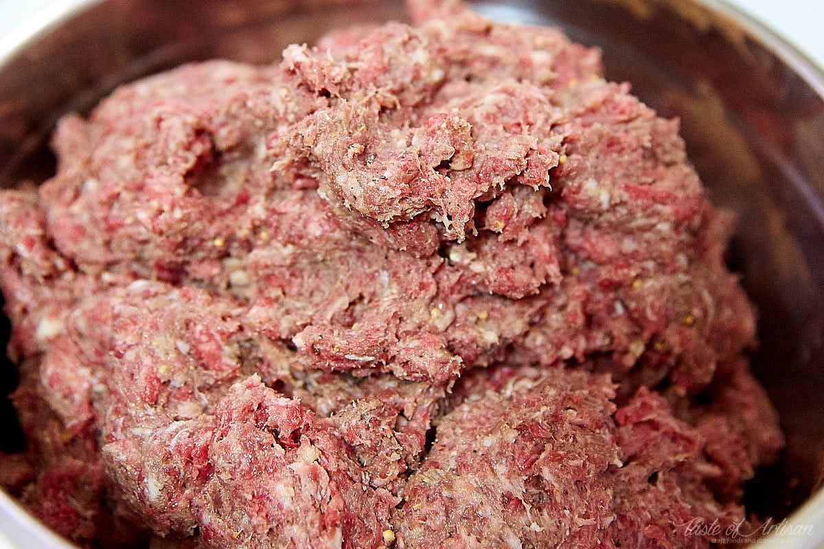 Summer sausage recipe. Mixing meat and spices.| Taste of Artisan