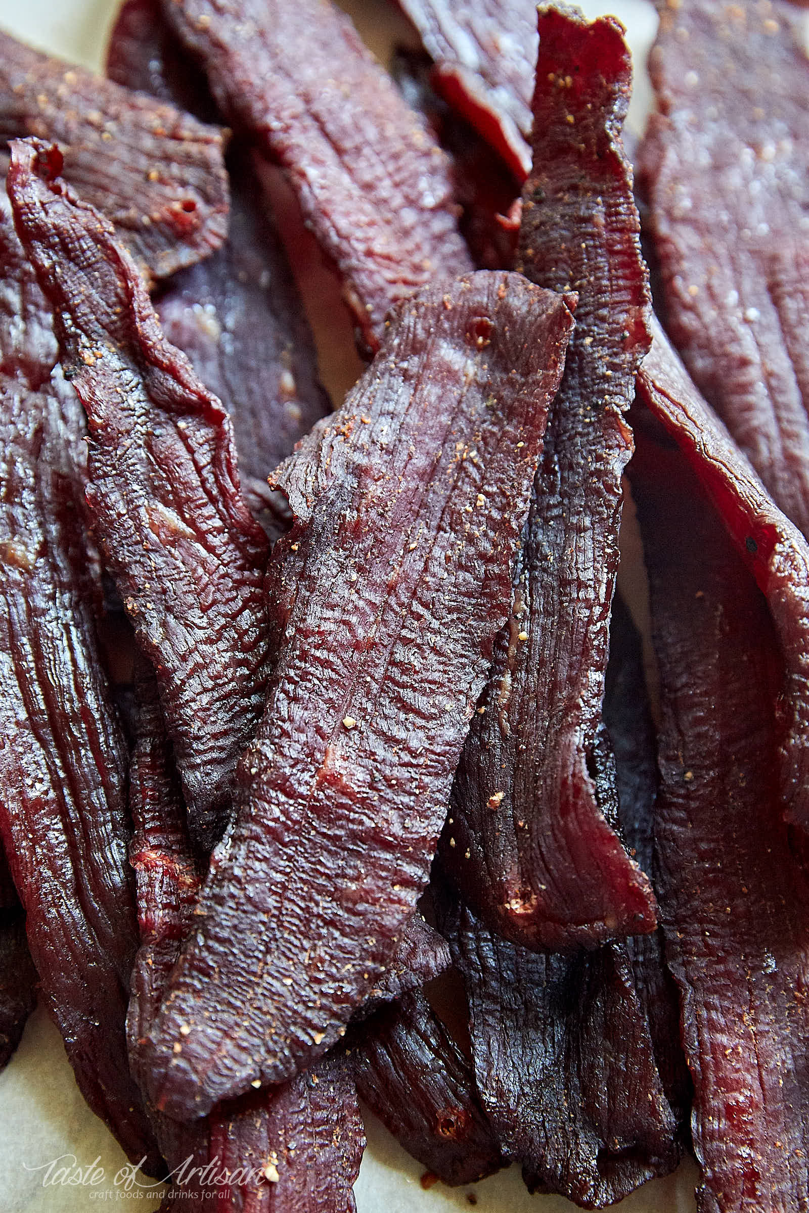 Beef jerky slices.