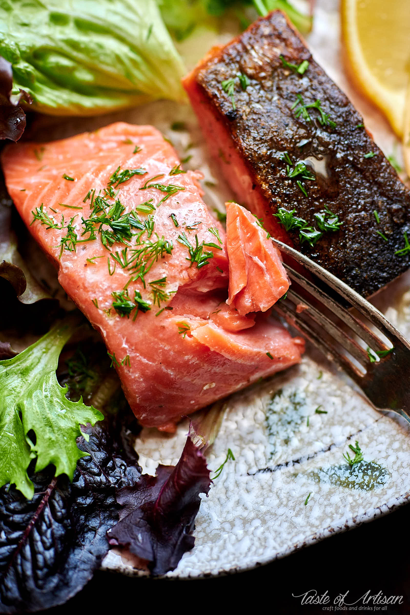 Sous Vide Salmon - cooked to perfection, tender, moist and very flavorful. A crispy skin adds a nice contrast to buttery soft fish texture. One of the best salmon recipes. | Taste of Artisan