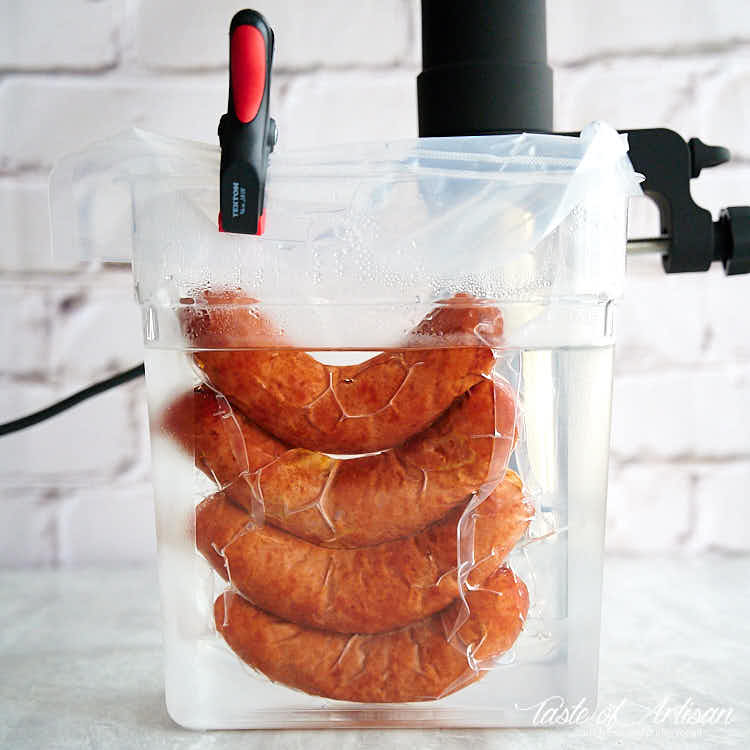 Smoked bockwurst sausages poached in a sous vide machine.