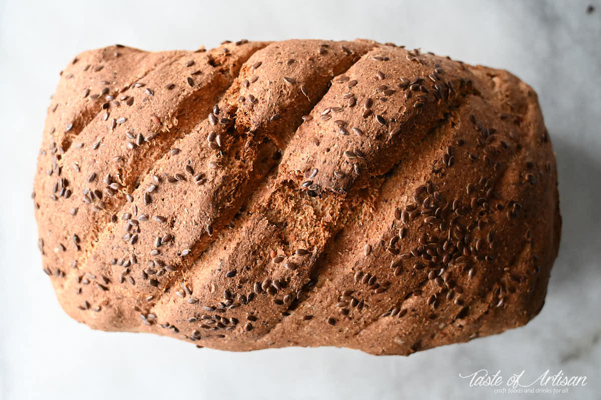 Top down view of flaxseed bread.