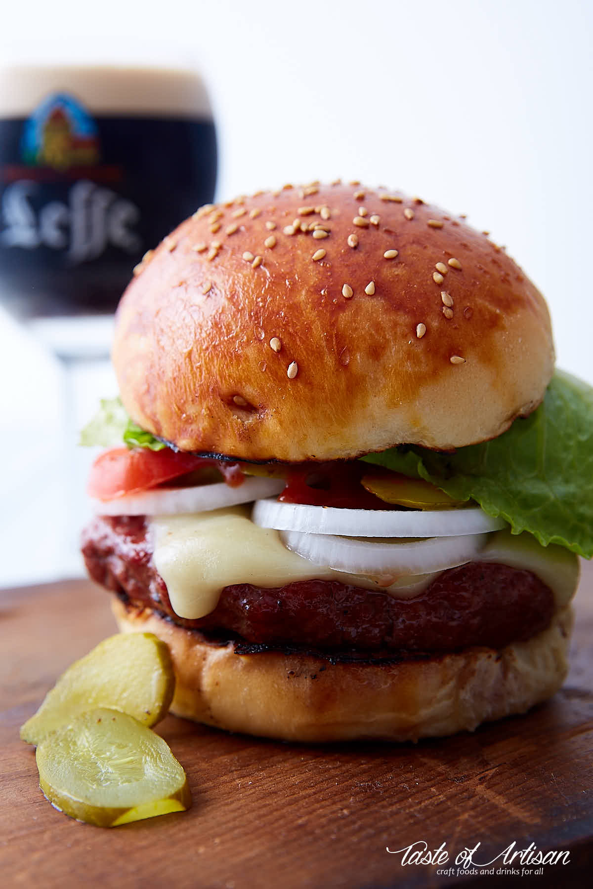 A hamburger made with brioche bun.