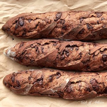 Three chocolate baguettes side by side.