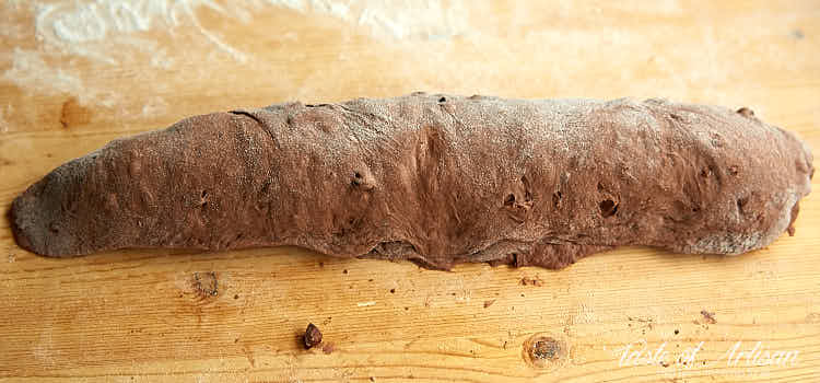 Fully rolled up chocolate baguette.