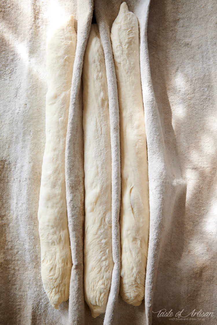 Baguettes proofing on a floured couche.