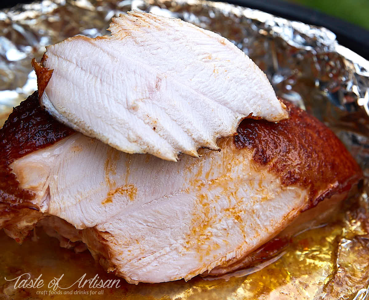 Sliced smoked turkey breast, moist and juicy.