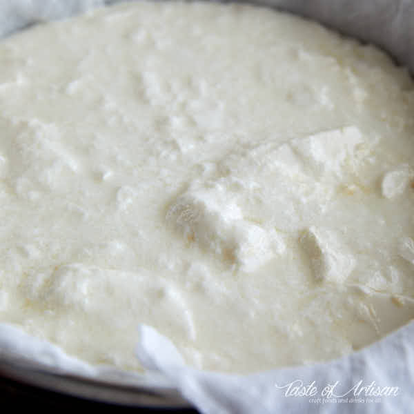 Cream cheese curd in a colander lined with muslin.