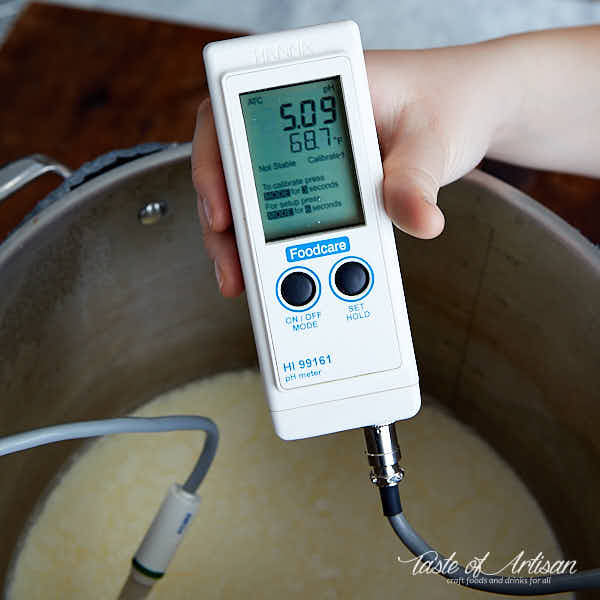 Testing acidity of ripened milk-cream mixture with a pH meter.