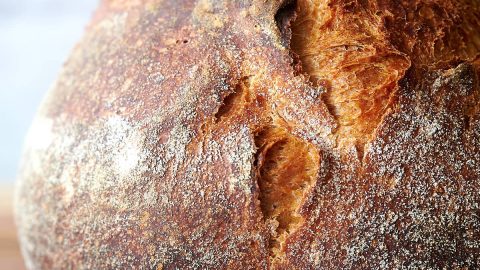 A loaf of no-knead bread on a brown wooden cutting bread. Beautiful dark brown crust.
