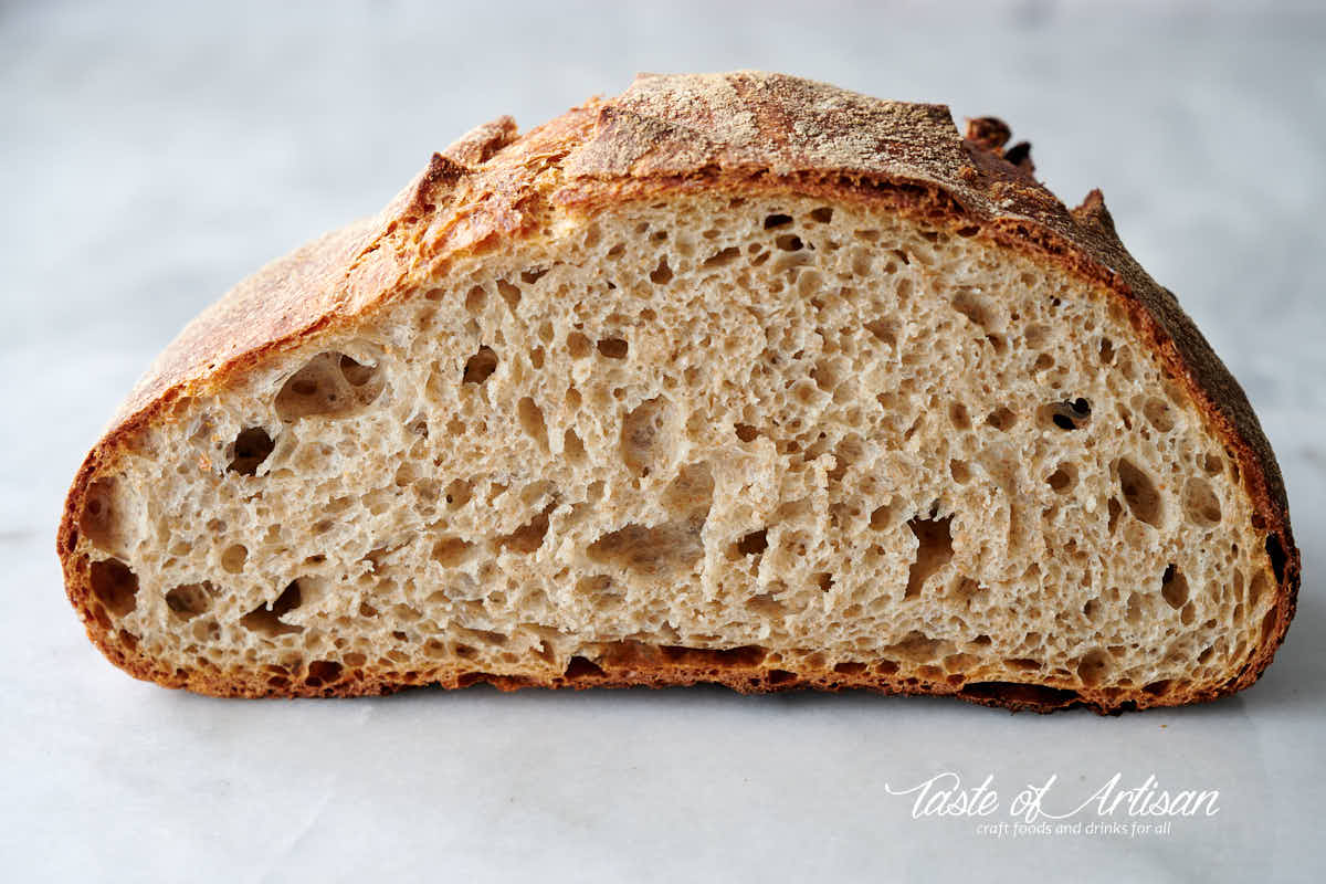 No-knead bread loaf, overnight retarding, nice open crumb,. 