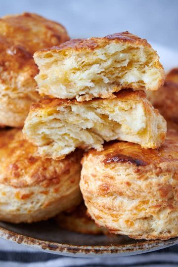 Close up of golden brown biscuits.