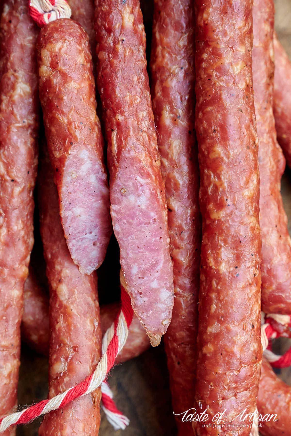 Close up of cut kabanos sausage.