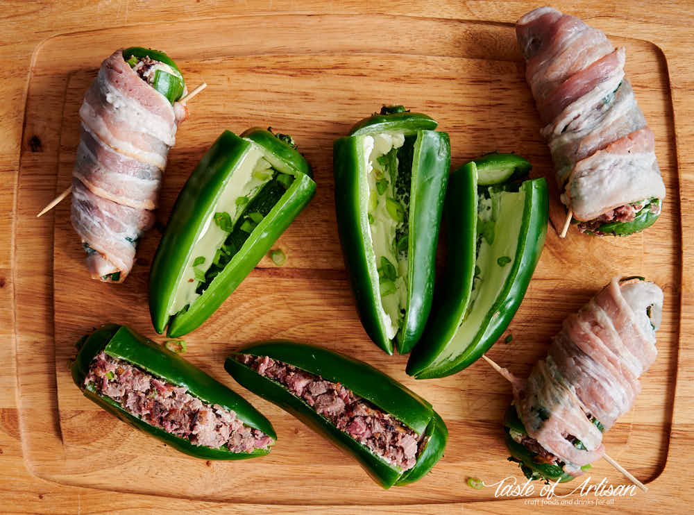 Stuffing jalapeno peppers with chopped brisket, cream cheese and wrapping in bacon.