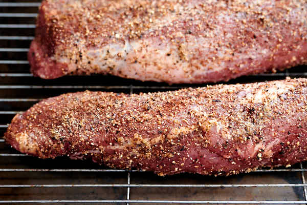 Close up of seasoned pork tenderloin.