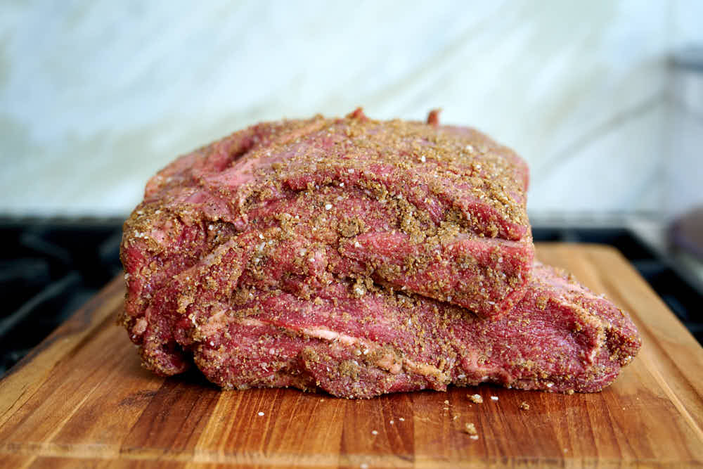 Seasoned beef chuck roast.