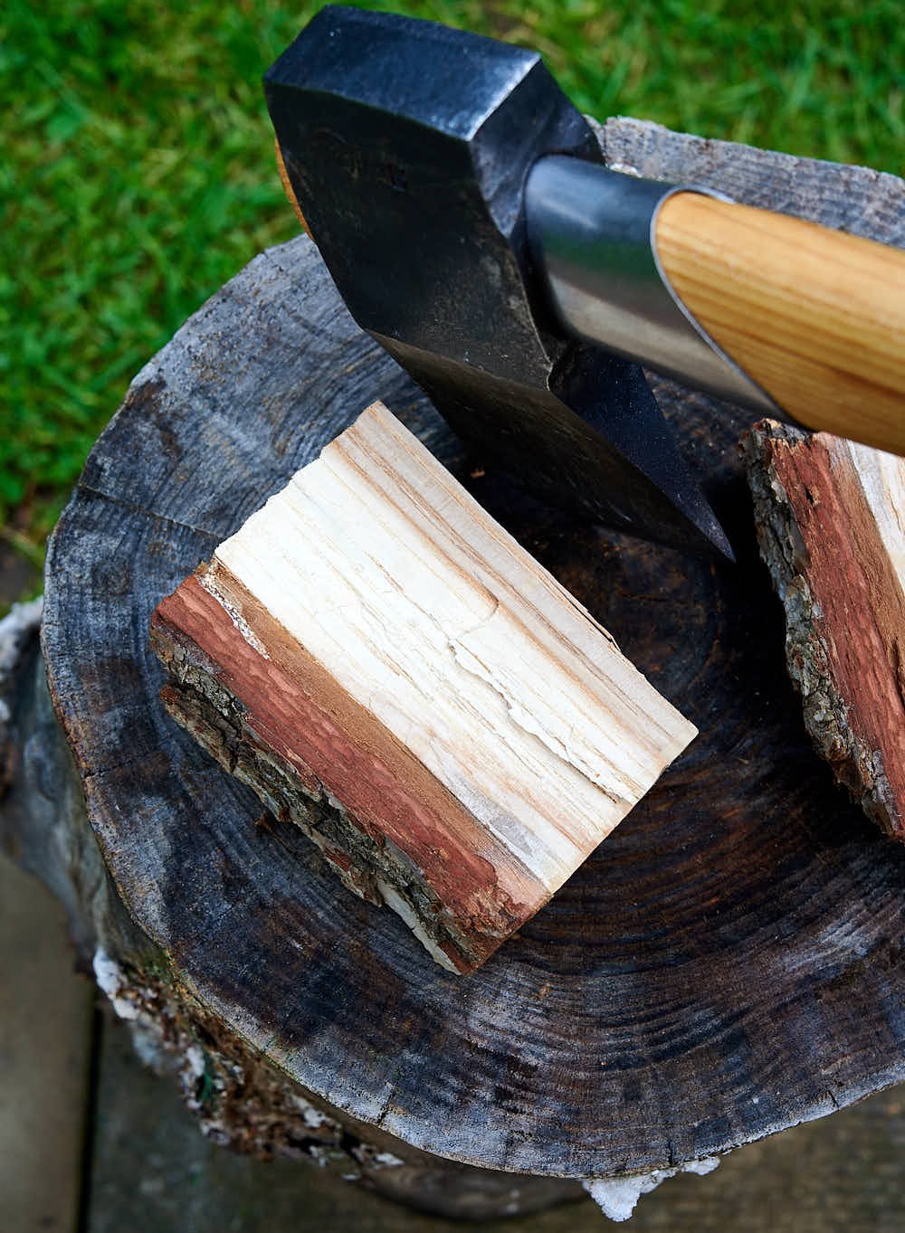 Wood chunk split by an ax.