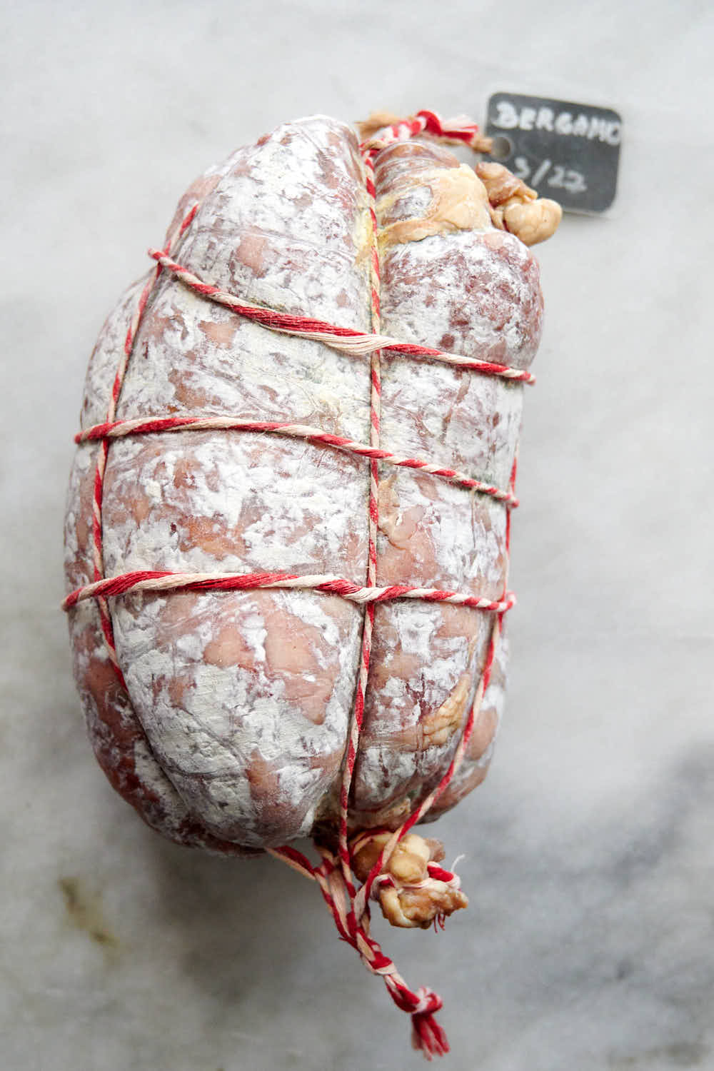 Thick Bergamo salami tied with twine and covered in white mold