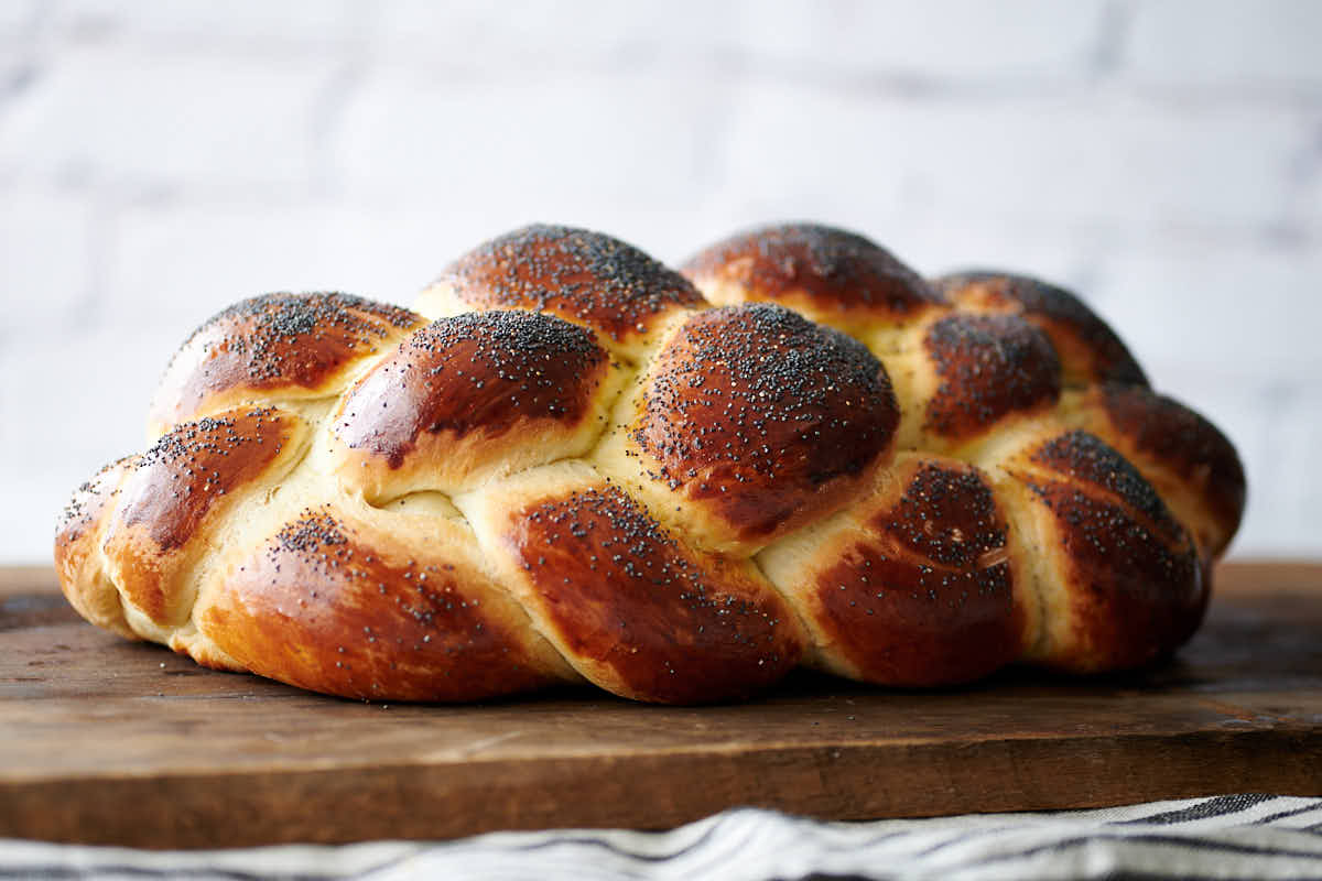 Large challah bread, 6-strand braided.