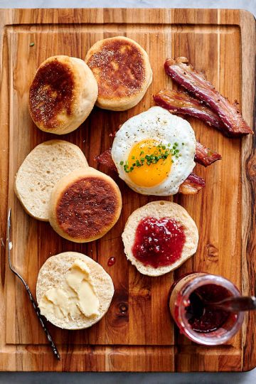 Sourdough English muffins with jam and butter