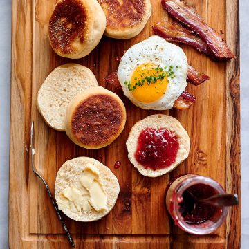 Sourdough English muffins with jam and butter