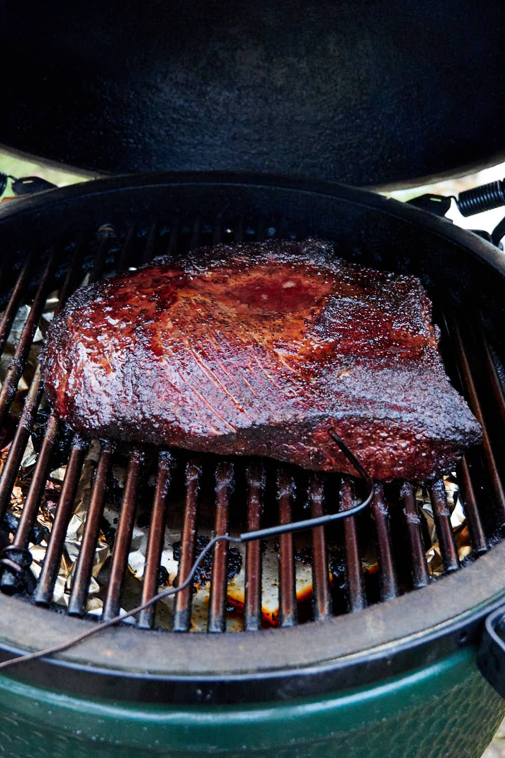 Brisket flat on a smoker.