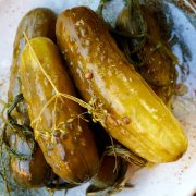 Homemade fermented dill pickles.