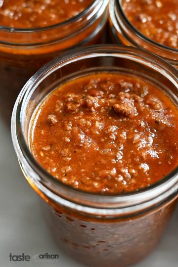 Homemade canned tomato sauce with meat.