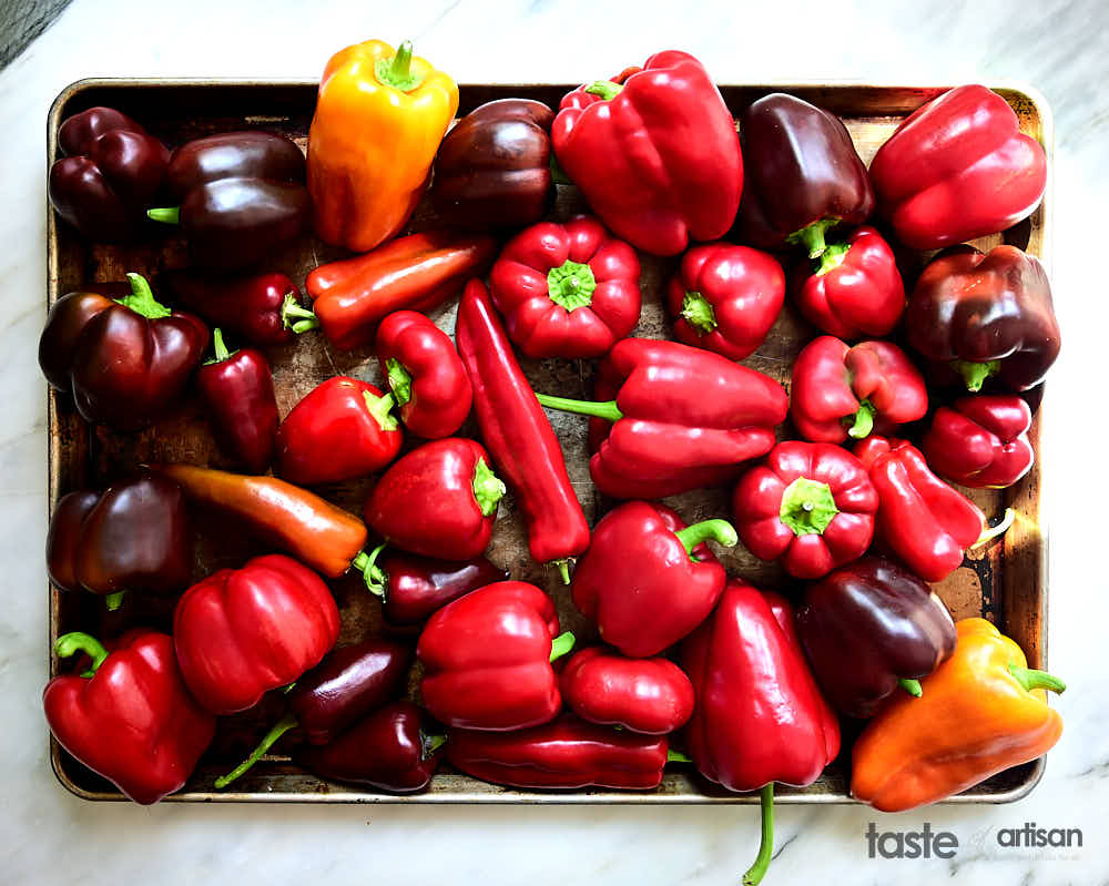 Lots of peppers on a baking sheet