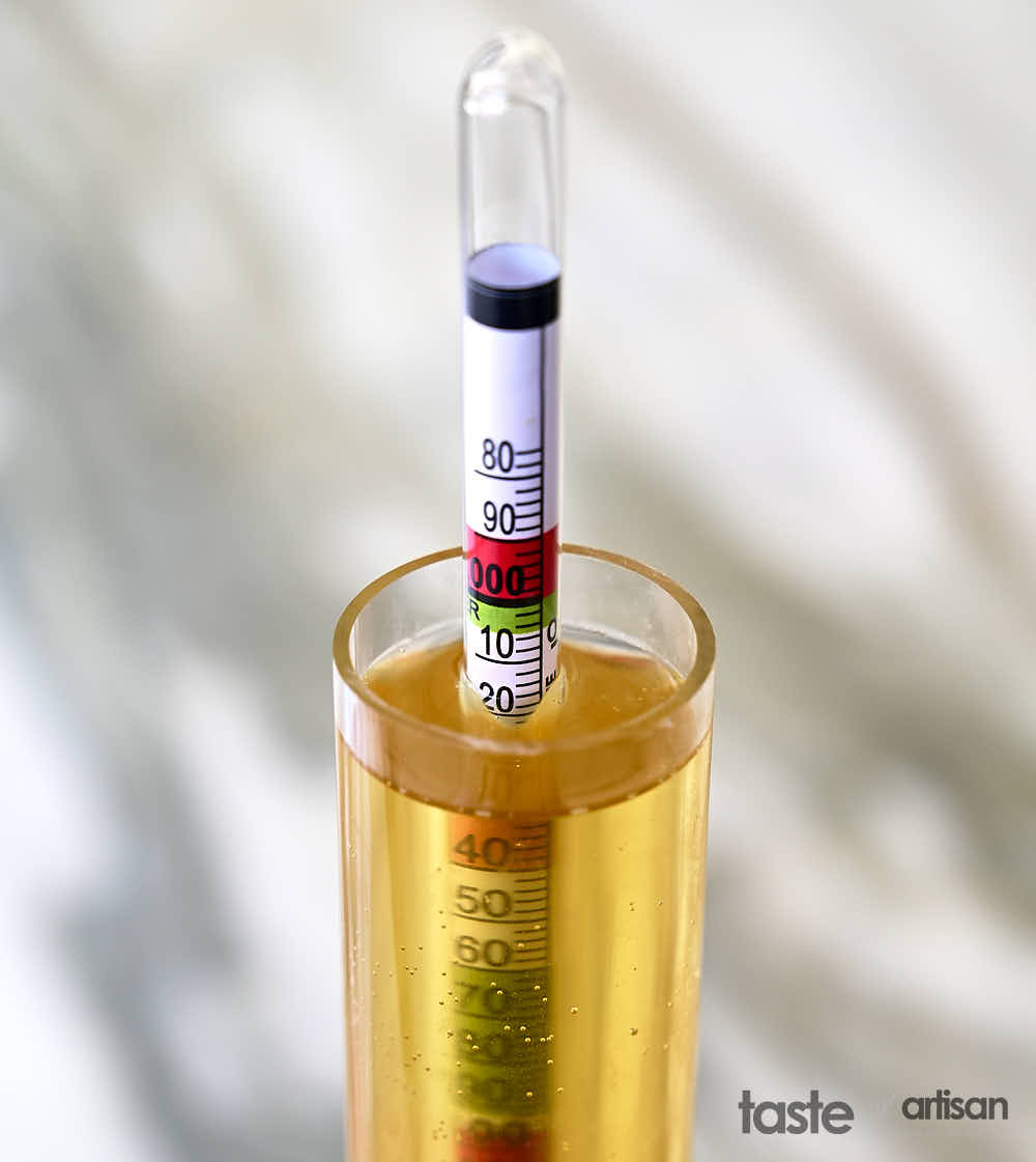 Measuring hard cider specific gravity with hydrometer.