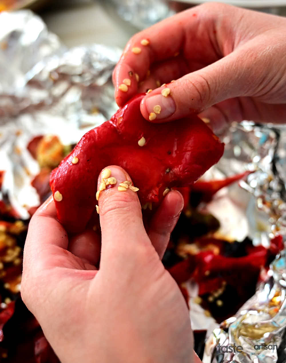Peeling peppers.