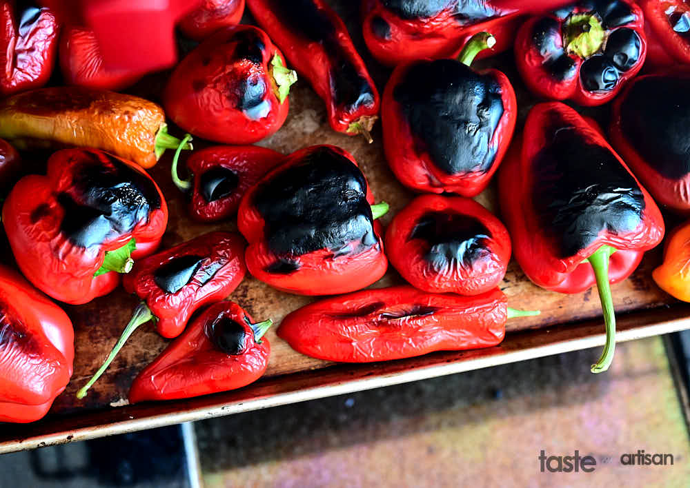 Roasting peppers in the oven.
