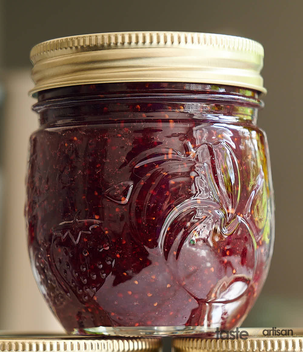 Strawberry jam sealed in a jar.