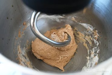 Mixing bread dough.