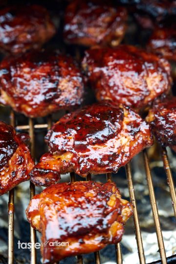 Smoked chicken thighs, with crisped up skin and glazed with a BBQ aauce