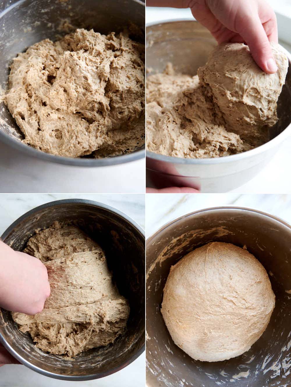 Making rye bread dough stretch and folds.