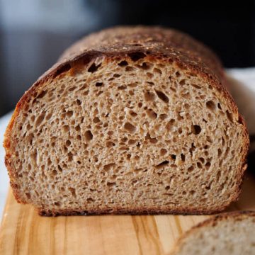 Dark rye bread with airy, open crumb.