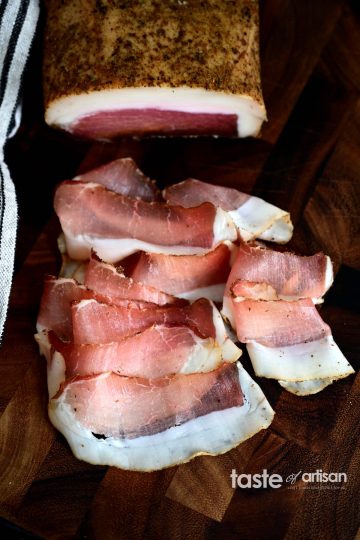 Karreespeck - Tyrolean Speck - Pork loin, seasoned with carefully selected spices and lightly smoked over beech wood, then dried-cured for 3 months to develop its fine and mild flavor.