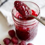 Homemade raspberry jam, using traditional raspeberry jam recipe.