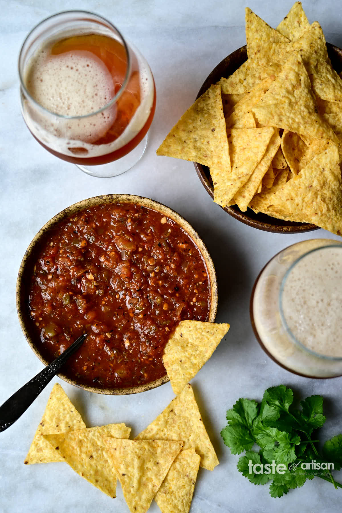 Charred, smoky salsa roja made with charred tomatoes jalapeno peppers and garlic. Smoky, rich with dark red color, exceptionally tasty, this salsa roja is so addictive. It's especially tasty when made with vine-ripened tomatoes when they are in season.
