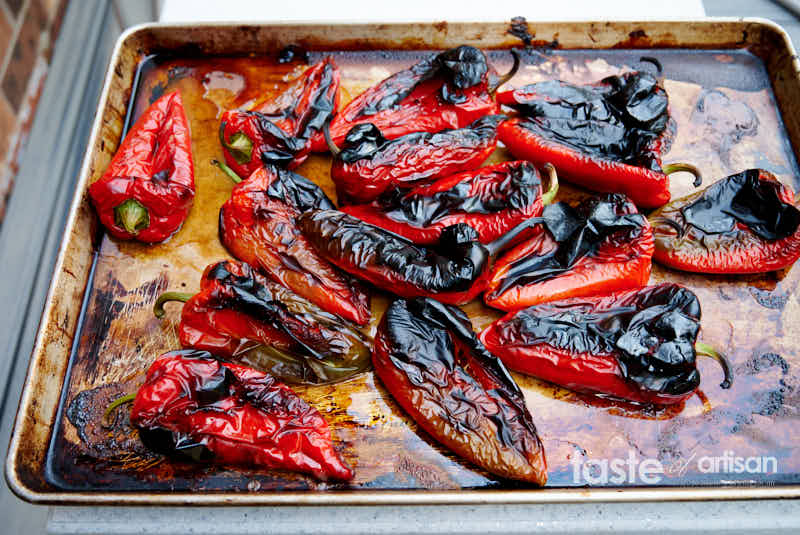 A tray of roasted peppers.