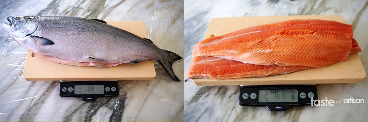 double fillet weight yield from a whole salmon - 70%.