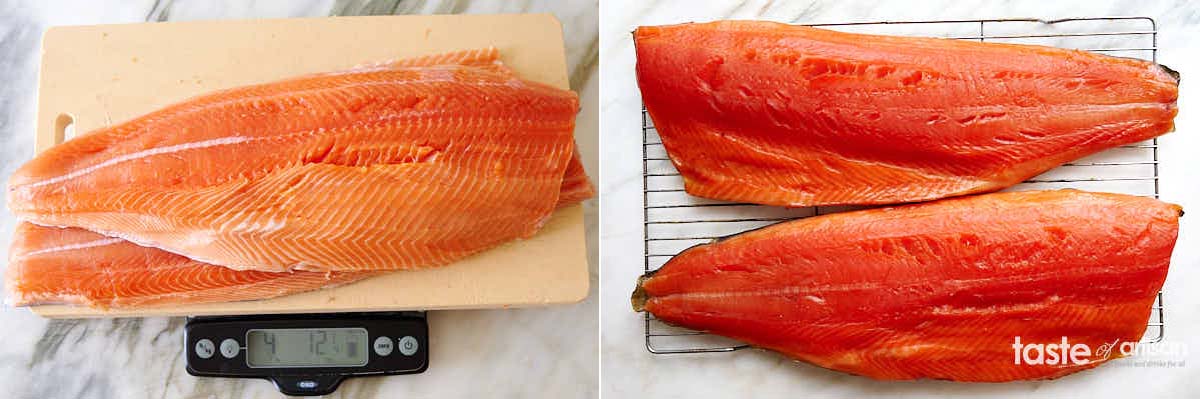Smoked salmon color - dark orange, mahogany, compared to light orange of fresh salmon.