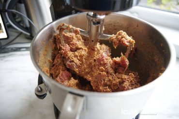 Mixing ground meat for sausage in stand mixer