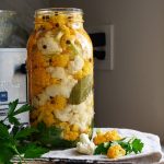 Homemade crunchy pickled cauliflower, made with light sweet adn sour brine that retaines the cauliflower's natural crunch and freshness. It goes so well with heary fall and winter dishes. You can even have it on its own as a snack.