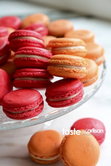 French macarons with white chocolate ganache and raspberry preserves. These macarons are fairly easy to make without a fail, and they are divine, practically dissolve in your mouth.