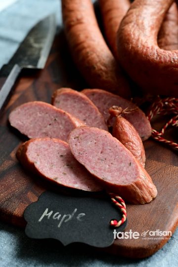 Smoked Maple Sausage - a mildly flavored sausage with a smooth texture, slight sweetness and notes of maple syrup. It makes a perfect snack, accompaniment to your charcuterie platter, or a meal.