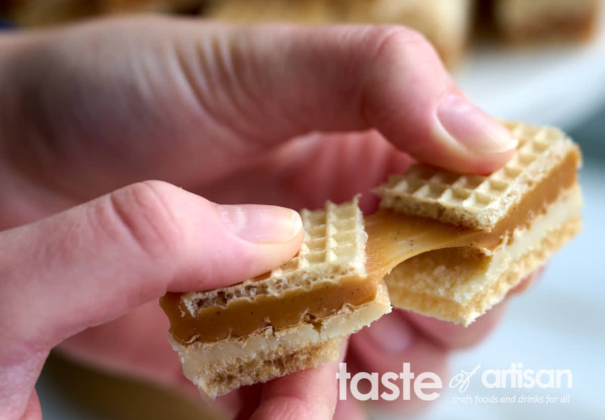 Close up or scrumptious Caramel and white chocolate ganache wafer bars.