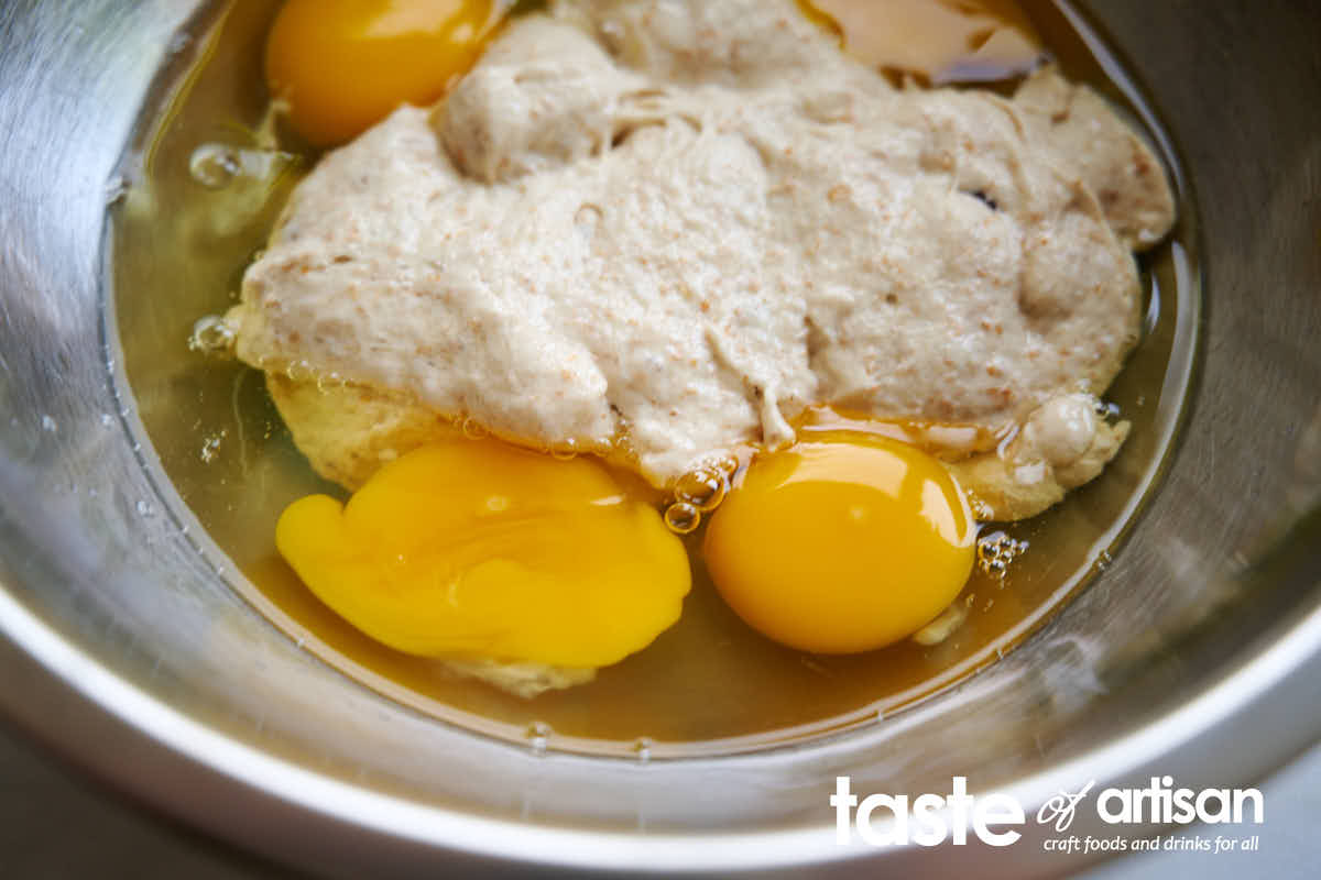 Mixing eggs and sourdough discard.